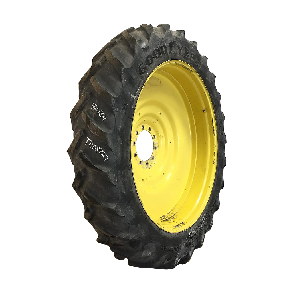 380/90R54 Goodyear Farm DT800 Super Traction R-1W on John Deere Yellow 10-Hole Formed Plate W/Weight Holes 55%