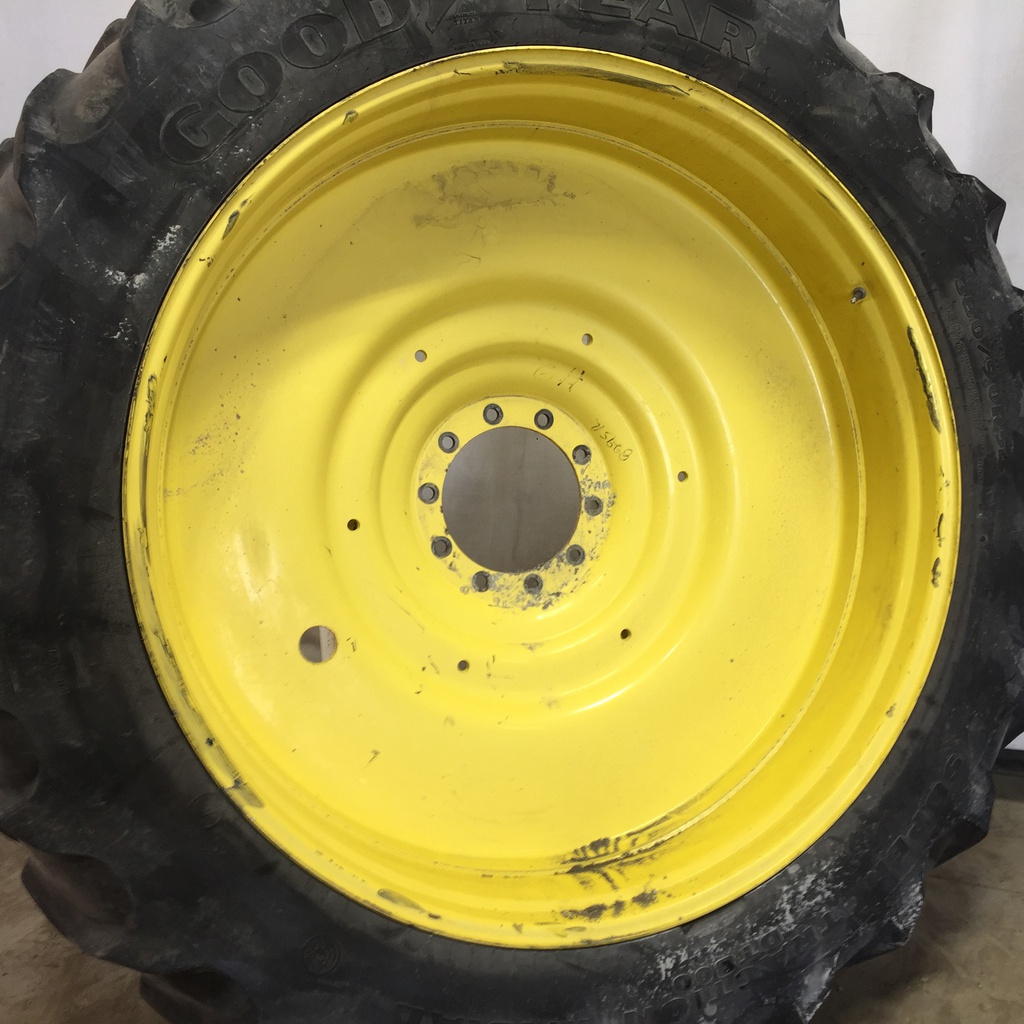 380/90R54 Goodyear Farm DT800 Super Traction R-1W on John Deere Yellow 10-Hole Formed Plate W/Weight Holes 55%