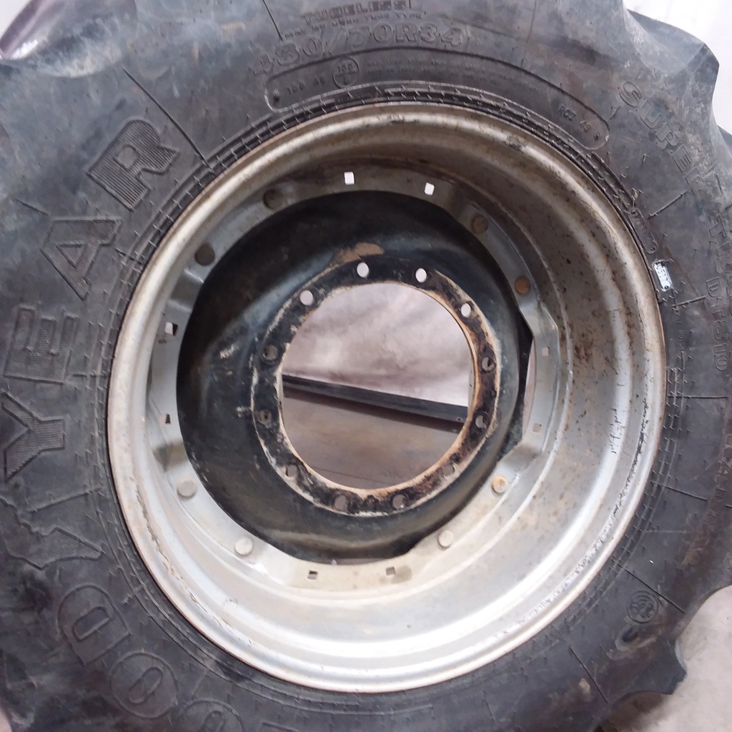 480/70R34 Goodyear Farm DT810 Super Traction R-1W on Case IH Silver Mist/Black 12-Hole Waffle Wheel (Groups of 2 bolts) 60%