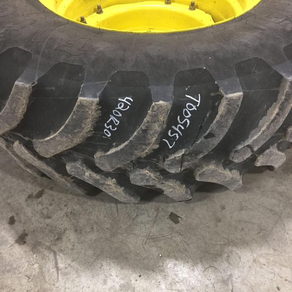 420/90R30 Firestone Radial All Traction FWD R-1 on John Deere Yellow 12-Hole Waffle Wheel (Groups of 2 bolts) 65%