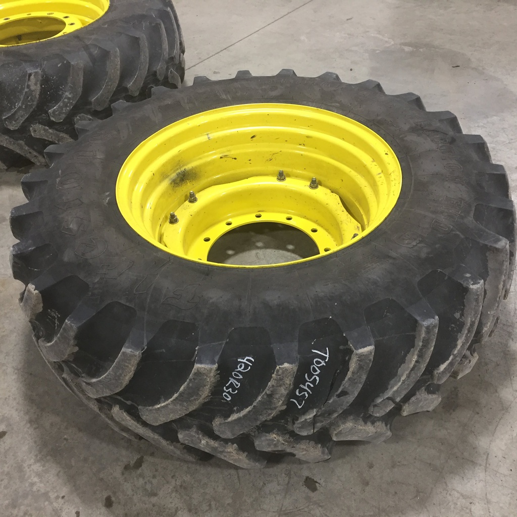 420/90R30 Firestone Radial All Traction FWD R-1 on John Deere Yellow 12-Hole Waffle Wheel (Groups of 2 bolts) 65%