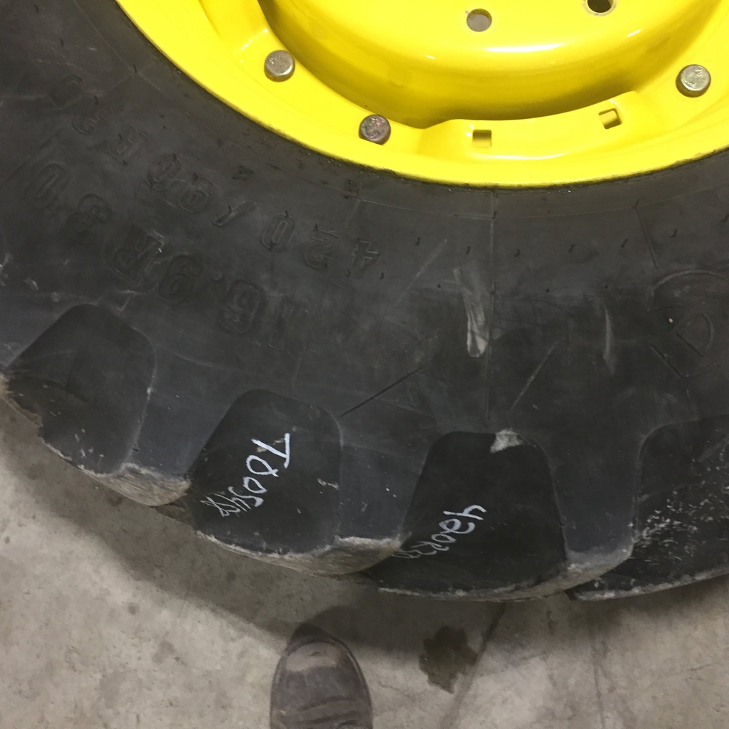 420/90R30 Firestone Radial All Traction FWD R-1 on John Deere Yellow 12-Hole Waffle Wheel (Groups of 2 bolts) 55%