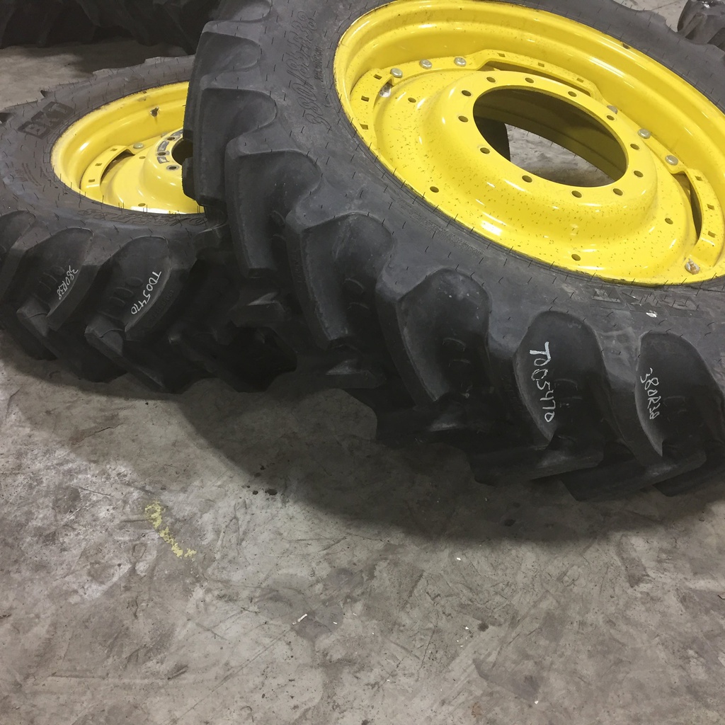 380/85R38 BKT Tires Agrimax RT 855 R-1W on John Deere Yellow 12-Hole Waffle Wheel (Groups of 3 bolts) 99%