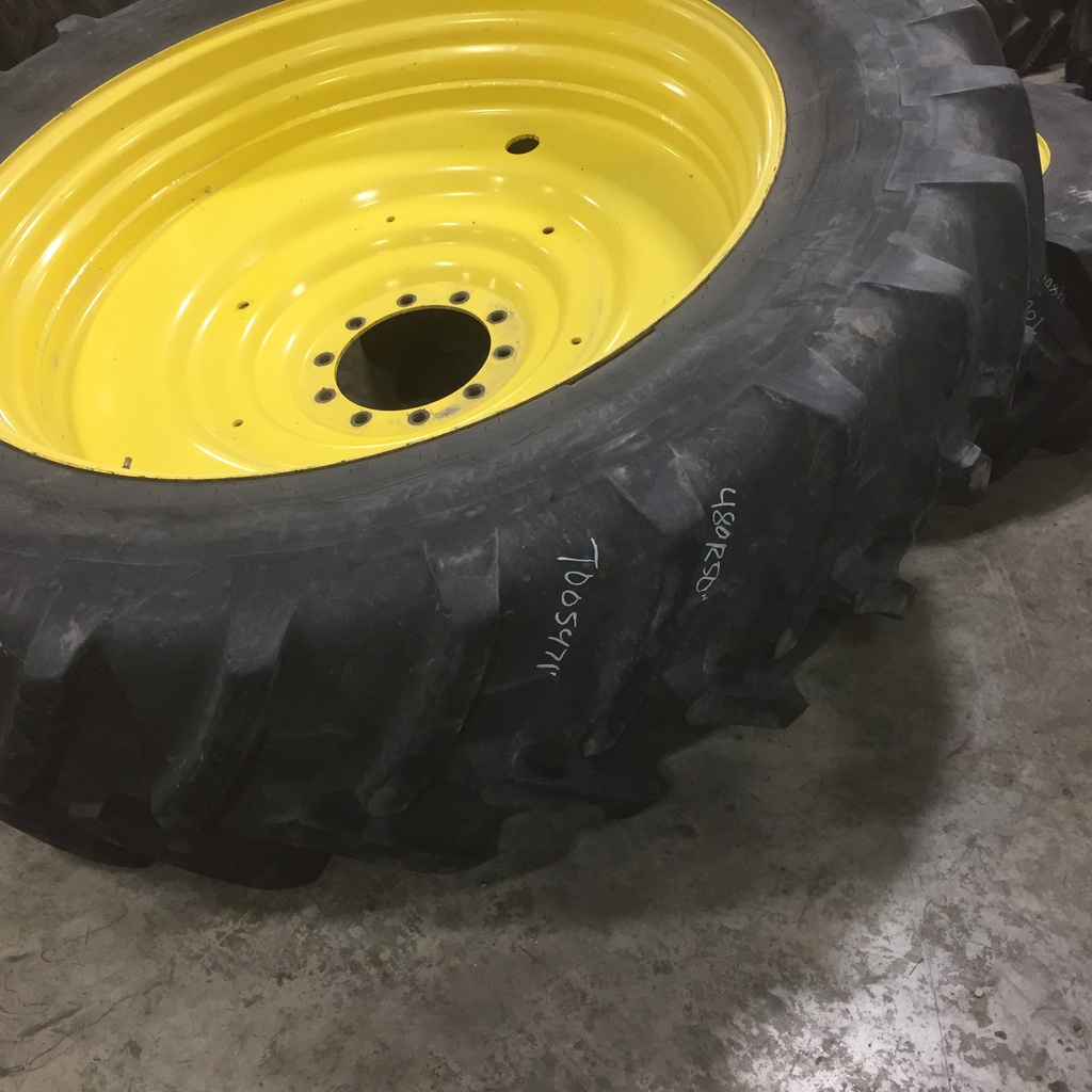 480/80R50 Michelin AgriBib R-1W on John Deere Yellow 10-Hole Formed Plate W/Weight Holes 70%