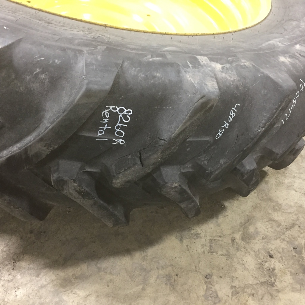 480/80R50 Michelin AgriBib R-1W on John Deere Yellow 10-Hole Formed Plate W/Weight Holes 70%