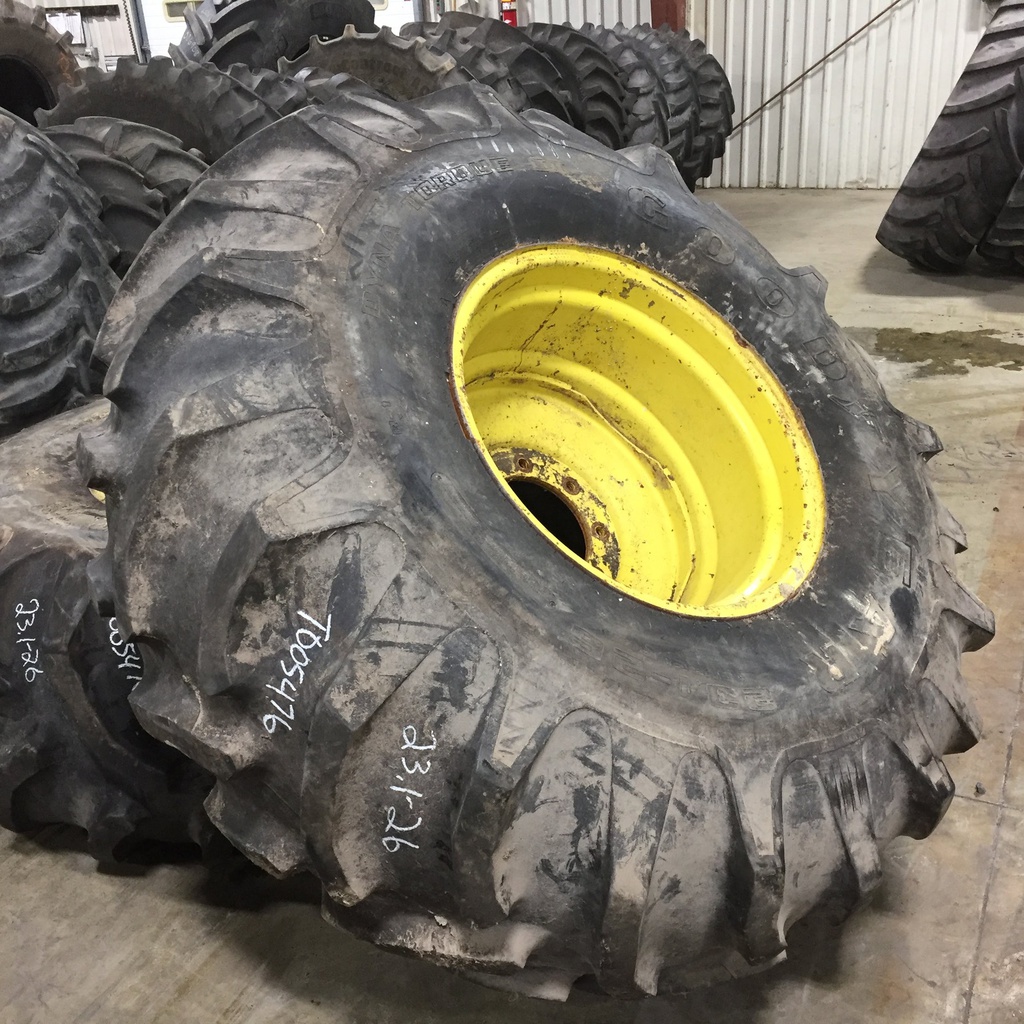 23.1/-26 Goodyear Farm Dyna Torque II R-1 on John Deere Yellow 8-Hole Formed Plate 80%