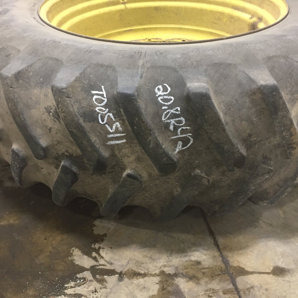 20.8/R42 Firestone Radial All Traction 23 R-1 on John Deere Yellow 12-Hole Stub Disc 55%