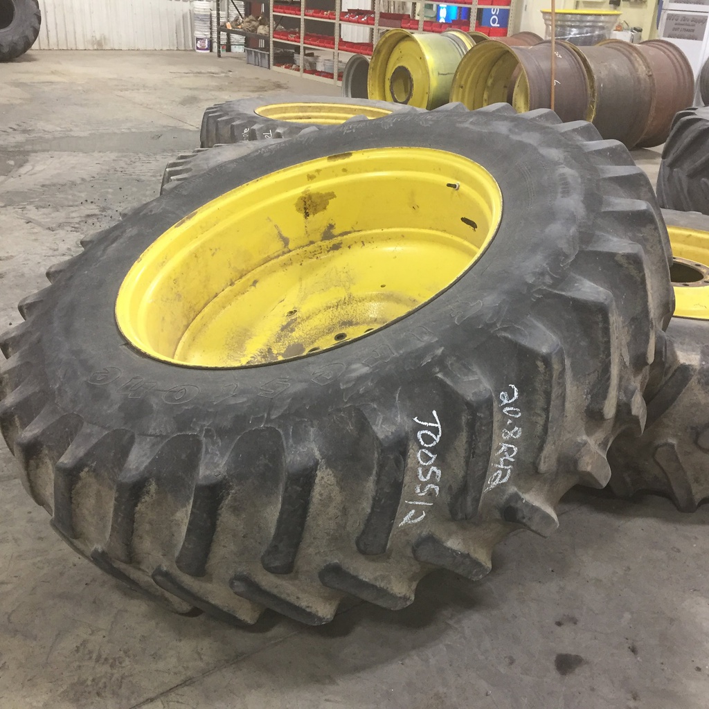20.8/R42 Firestone Radial All Traction 23 R-1 on John Deere Yellow 10-Hole Formed Plate W/Weight Holes 55%