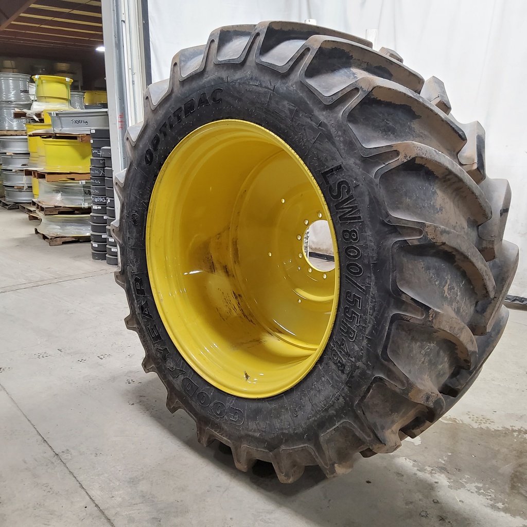 LSW 800/55R46 Goodyear Farm DT830 Optitrac R-1W on John Deere Yellow 10-Hole Formed Plate W/Weight Holes 95%