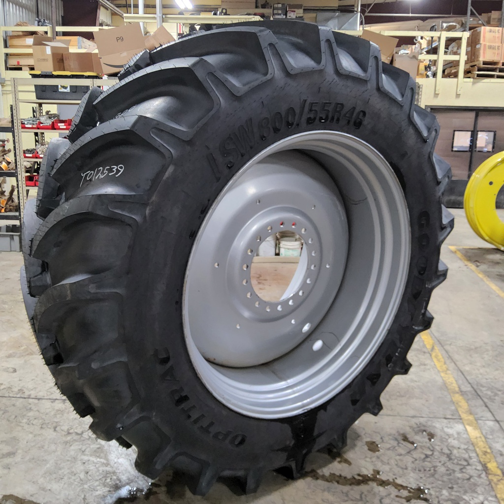 LSW 800/55R46 Goodyear Farm DT830 Optitrac R-1W on Case IH Silver Mist 10-Hole Formed Plate W/Weight Holes 99%