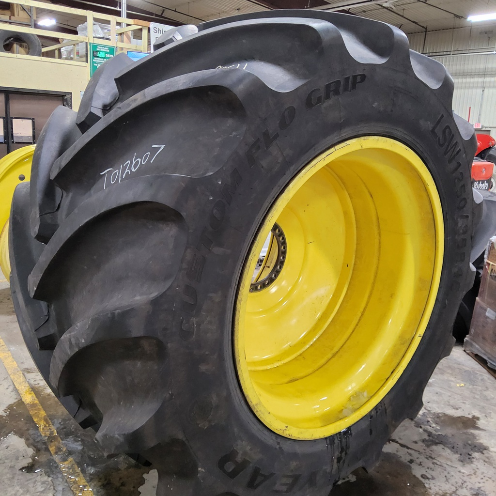 LSW 1250/35R46 Goodyear Farm Custom Flo Grip R-2 on John Deere Yellow 20-Hole Formed Plate 85%