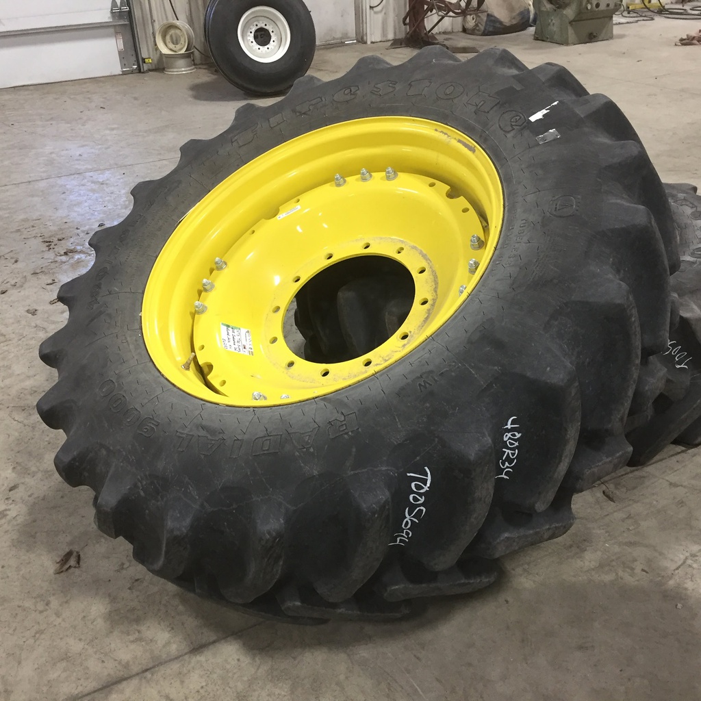 480/70R34 Firestone Radial 9000 R-1W on John Deere Yellow 12-Hole Waffle Wheel (Groups of 3 bolts) 80%