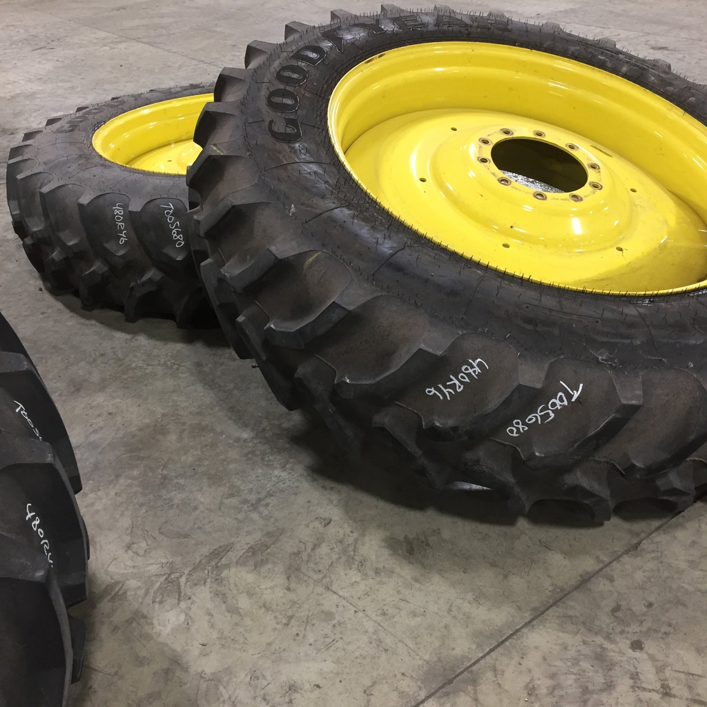 480/80R46 Goodyear Farm UltraTorque Plus Radial R-1 on John Deere Yellow 10-Hole Formed Plate W/Weight Holes 90%