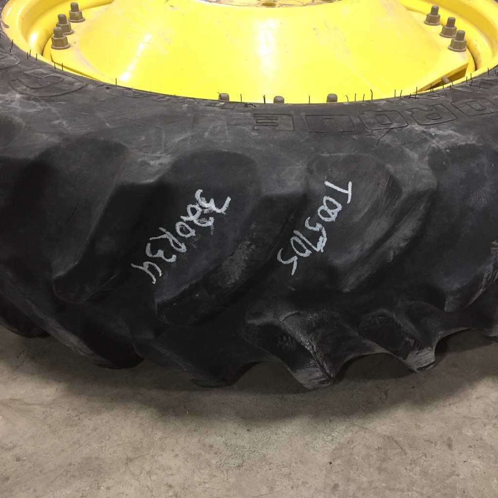 320/85R34 Goodyear Farm Dyna Torque Radial FWA R-1 on John Deere Yellow 10-Hole Waffle Wheel (Groups of 3 bolts) 65%