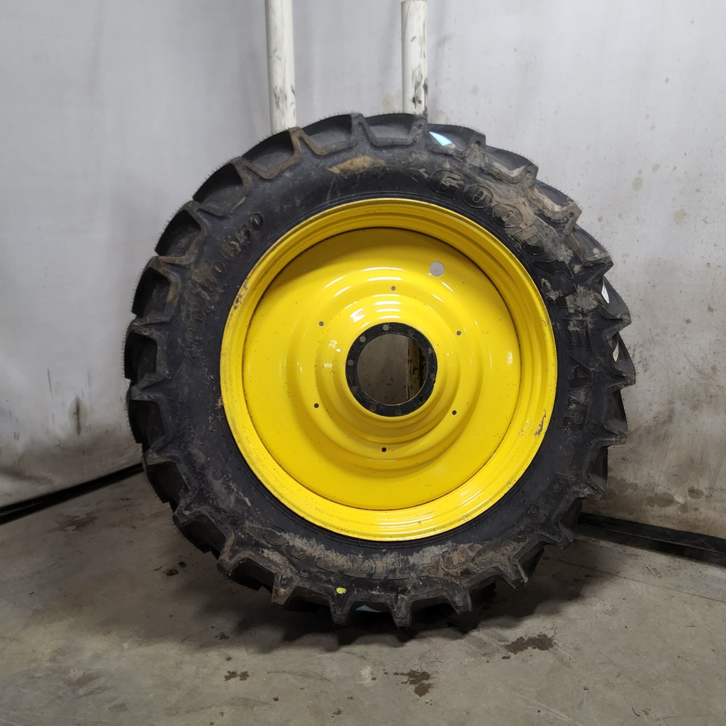 480/80R50 Goodyear Farm Optitrac R-1W on John Deere Yellow 10-Hole Formed Plate W/Weight Holes 99%