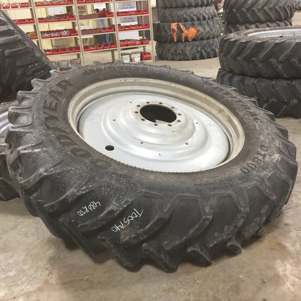 480/95R50 Goodyear Farm DT800 Optitrac R-1W on Case IH Silver Mist 10-Hole Formed Plate W/Weight Holes 90%