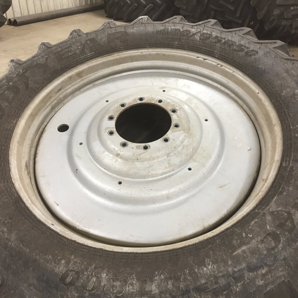 480/95R50 Goodyear Farm DT800 Optitrac R-1W on Case IH Silver Mist 10-Hole Formed Plate W/Weight Holes 90%