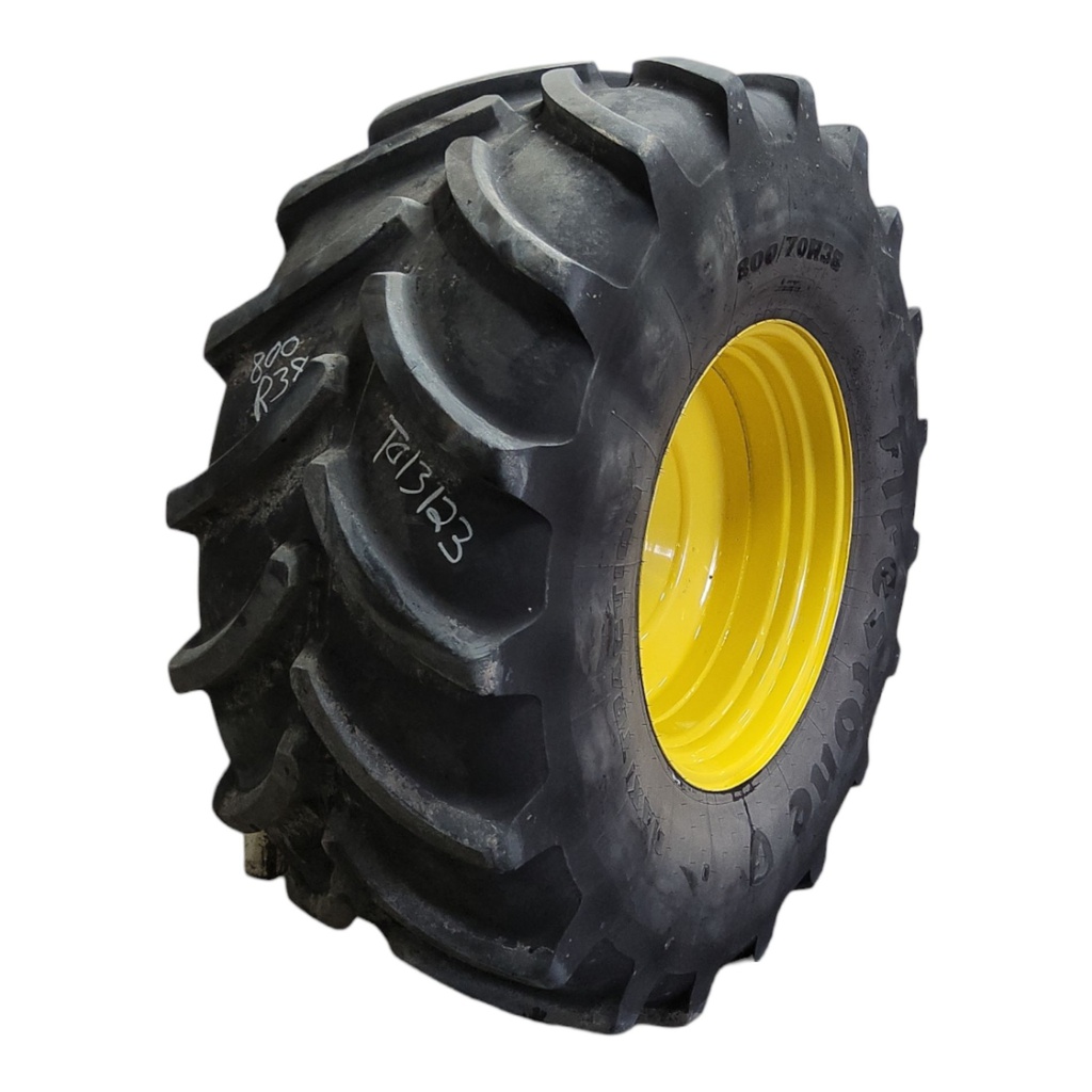 800/70R38 Firestone Maxi Traction R-1W on John Deere Yellow 20-Hole Formed Plate 90%