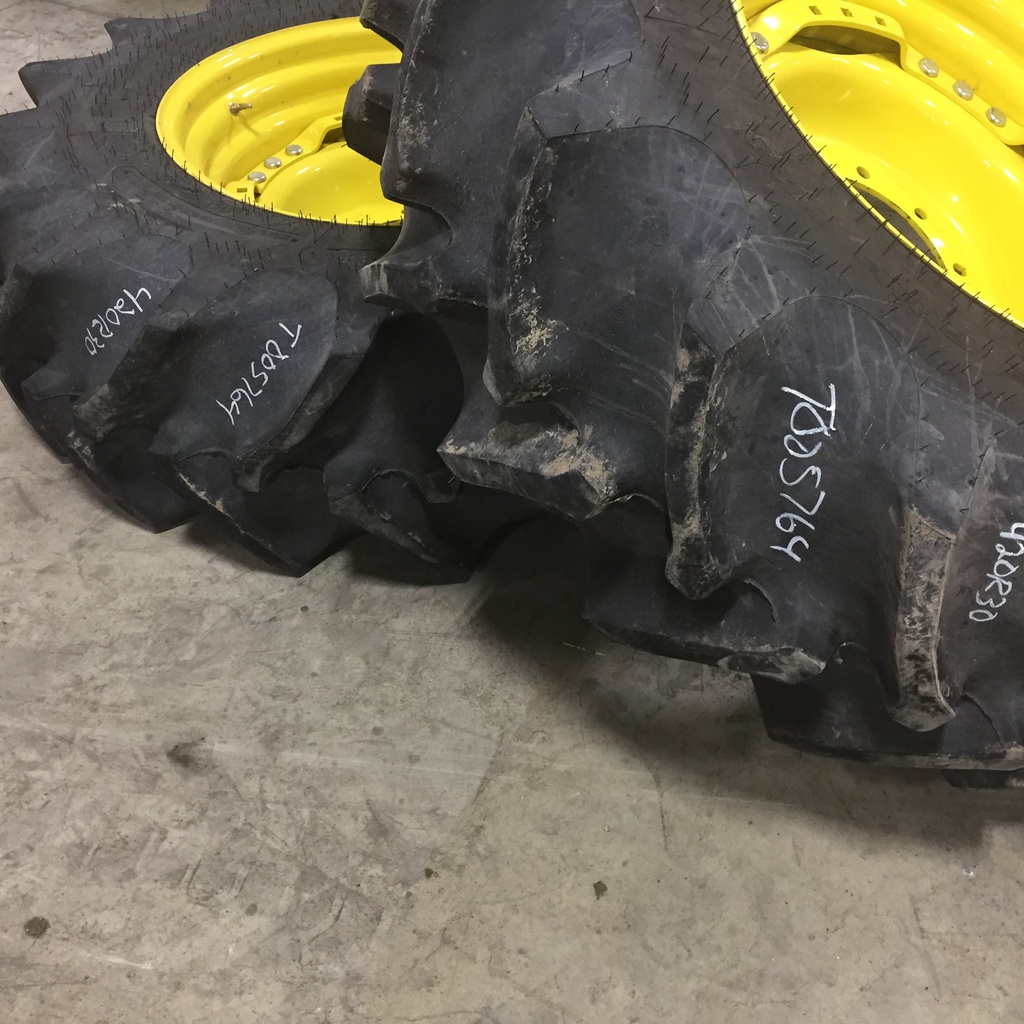 420/90R30 Goodyear Farm Special Sure Grip Radial TD8 R-2 on John Deere Yellow 10-Hole Waffle Wheel (Groups of 3 bolts) 95%