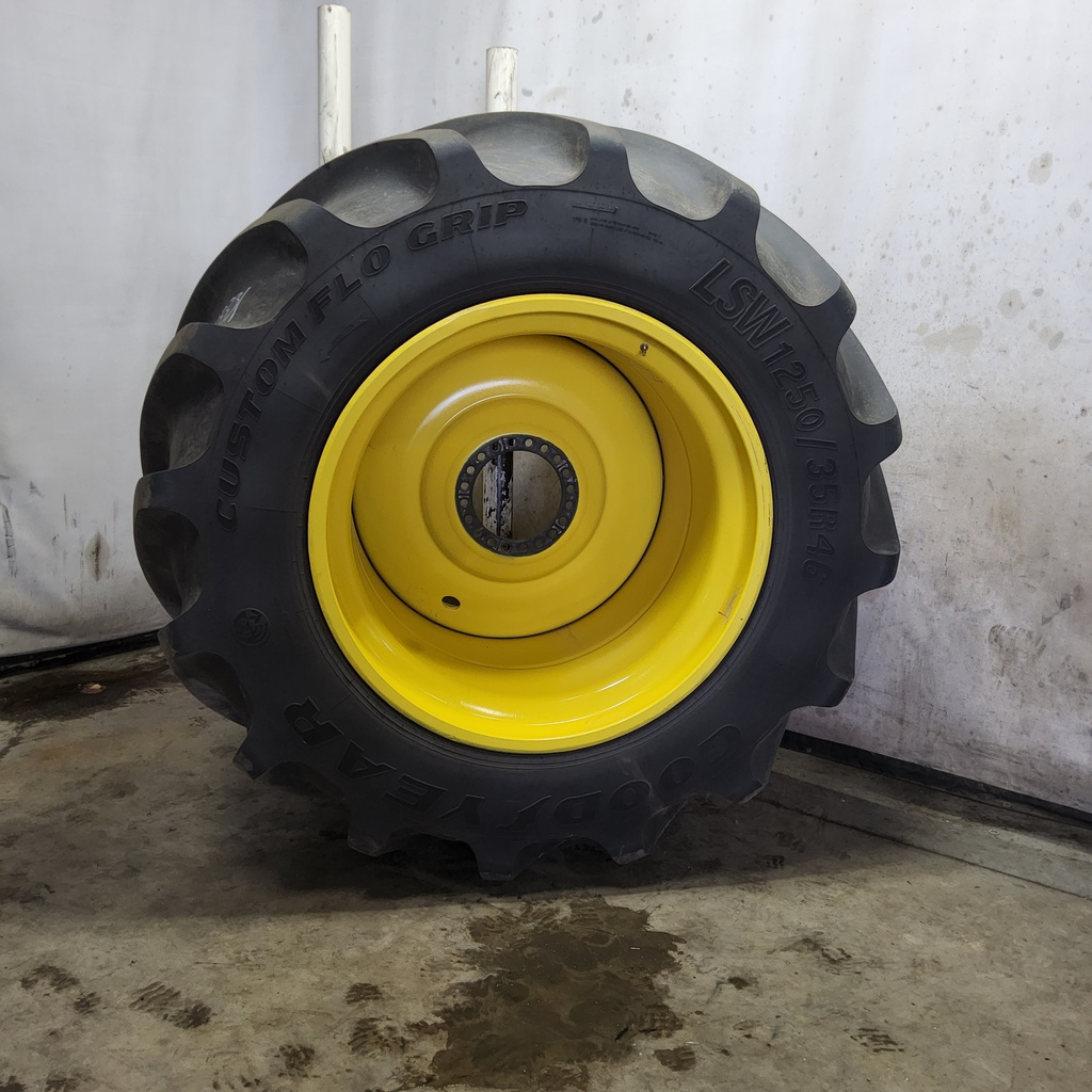 LSW 1250/35R46 Goodyear Farm Custom Flo Grip R-2 on John Deere Yellow 20-Hole Formed Plate 85%