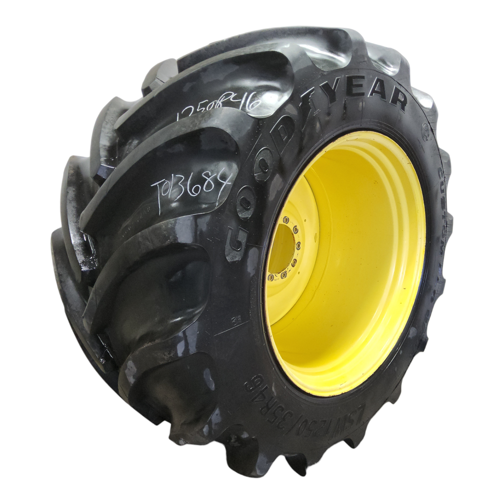 LSW 1250/35R46 Goodyear Farm Custom Flo Grip R-2 on John Deere Yellow 10-Hole Formed Plate W/Weight Holes 80%