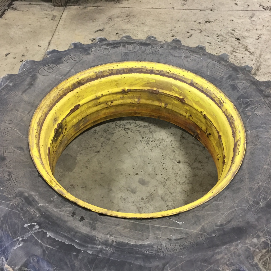 480/80R38 Goodyear Farm Dyna Torque Radial R-1 on John Deere Yellow 0-Hole Double Bevel 38" Cast 65%