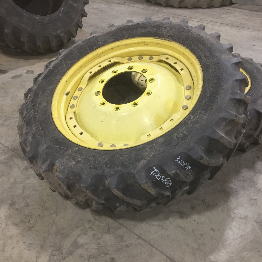 320/85R34 Goodyear Farm Dyna Torque Radial FWA R-1 on John Deere Yellow 10-Hole Waffle Wheel (Groups of 3 bolts) 70%
