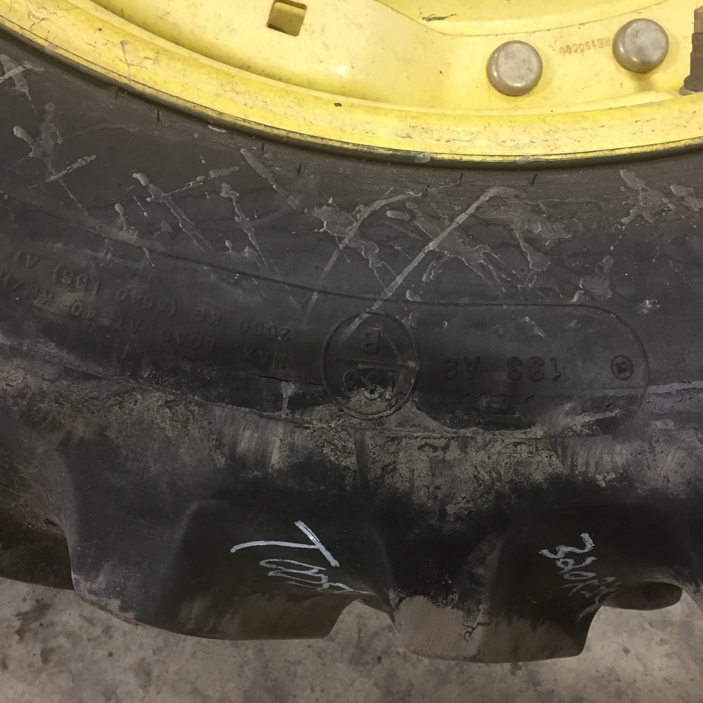 320/85R34 Goodyear Farm Dyna Torque Radial FWA R-1 on John Deere Yellow 10-Hole Waffle Wheel (Groups of 3 bolts) 70%