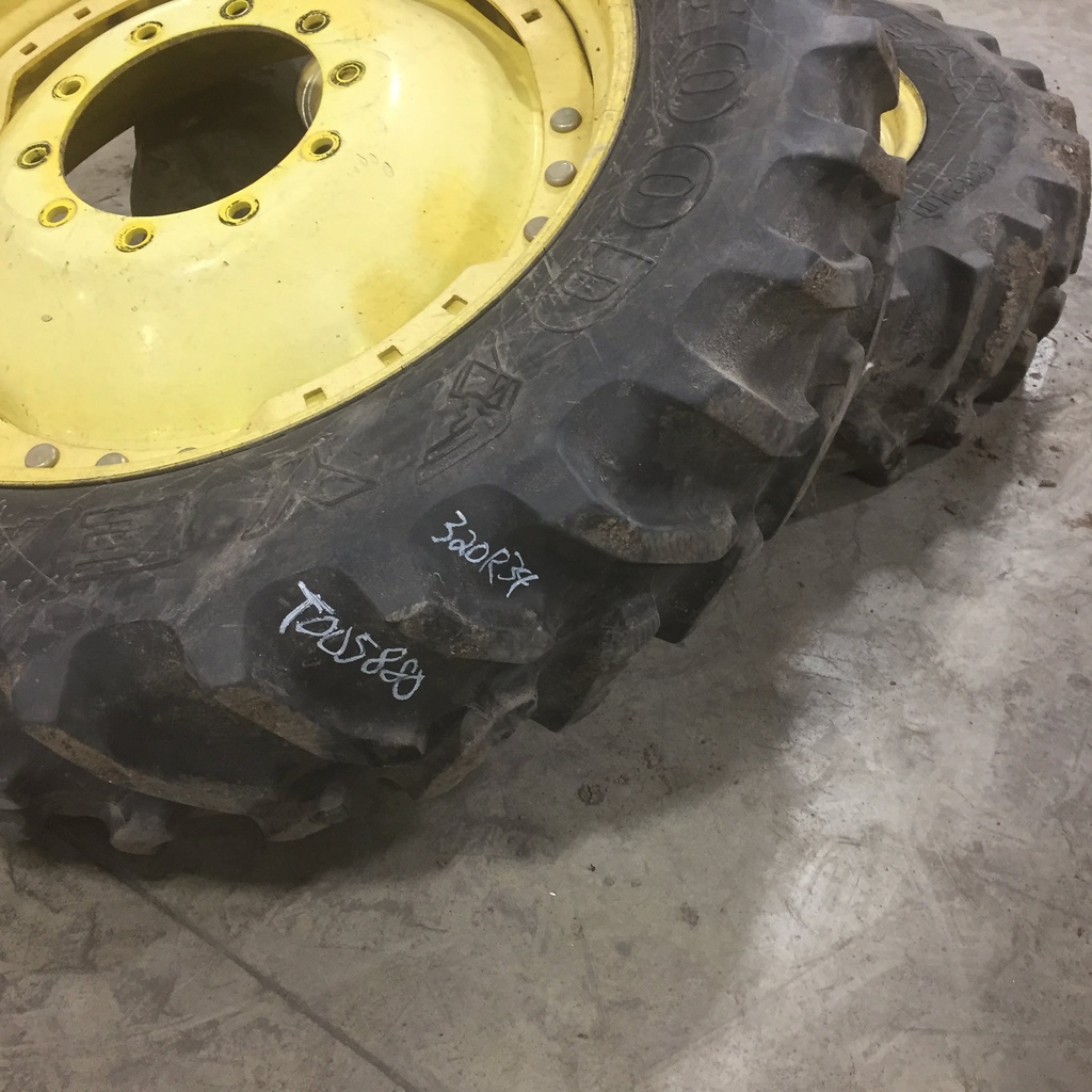 320/85R34 Goodyear Farm Dyna Torque Radial FWA R-1 on John Deere Yellow 10-Hole Waffle Wheel (Groups of 3 bolts) 70%