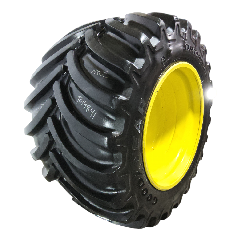 LSW 1250/35R46 Goodyear Farm DT830 Optitrac R-1W on John Deere Yellow 10-Hole Formed Plate 80%