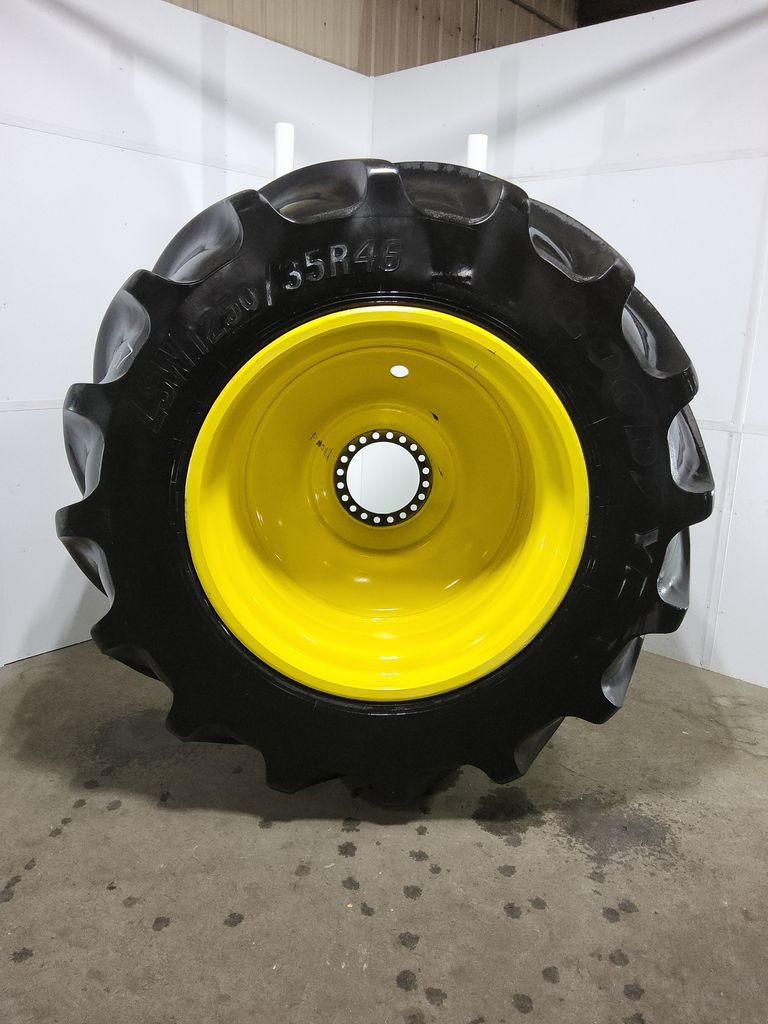 LSW 1250/35R46 Goodyear Farm Custom Flo Grip R-2 on John Deere Yellow 20-Hole Formed Plate 85%