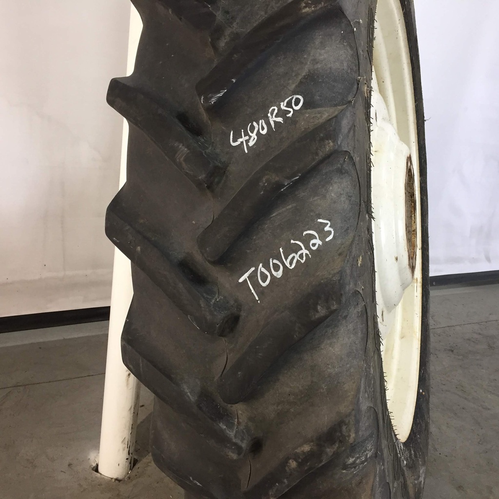 480/80R50 Goodyear Farm DT800 Super Traction R-1W on New Holland White 10-Hole Formed Plate W/Weight Holes 75%