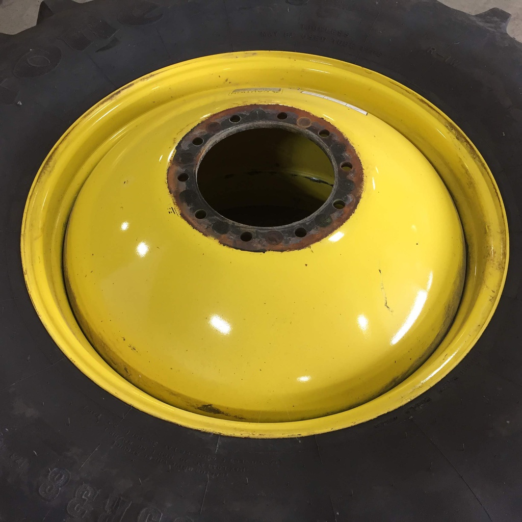 650/85R38 Firestone Radial Deep Tread 23 R-1W on John Deere Yellow 10-Hole Dolly Dual 85%
