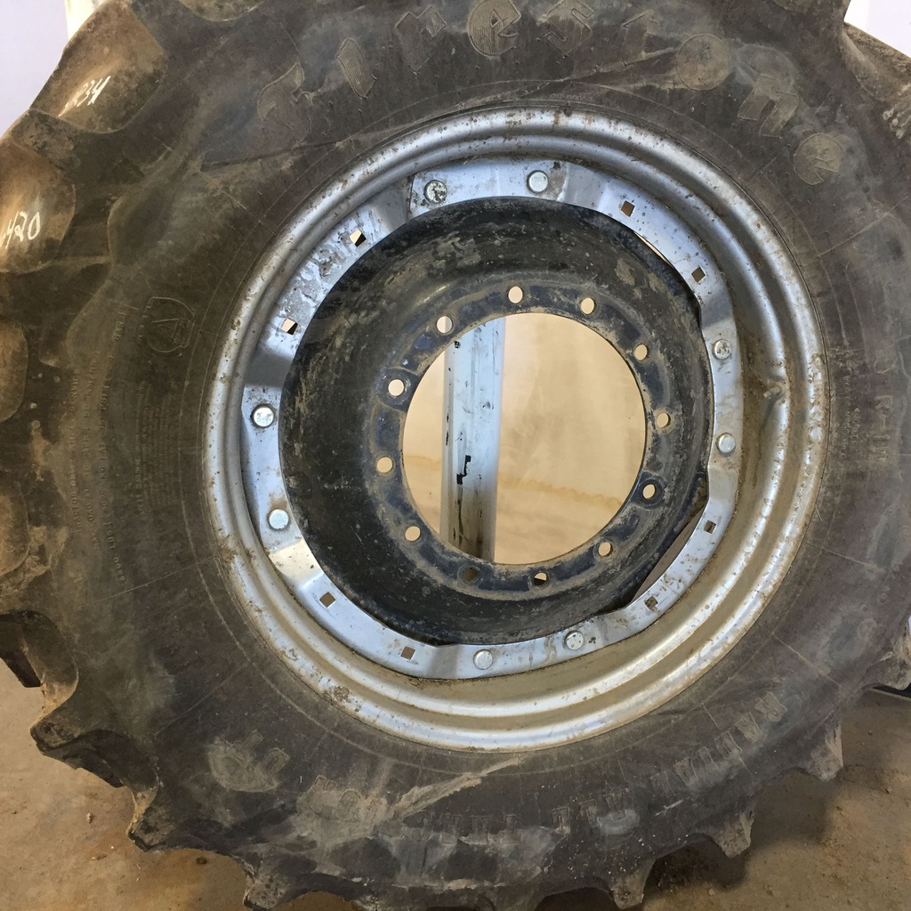 420/85R34 Firestone Radial All Traction DT R-1W on Case IH Silver Mist/Black 12-Hole Waffle Wheel (Groups of 3 bolts) 80%