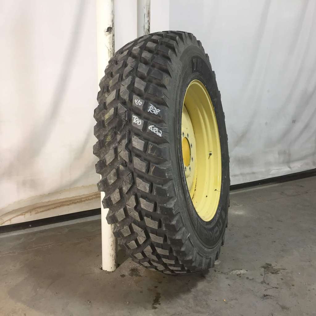 480/80R38 Nokian TRI 2 R-1 on John Deere Yellow 8-Hole Formed Plate W/Weight Holes 90%