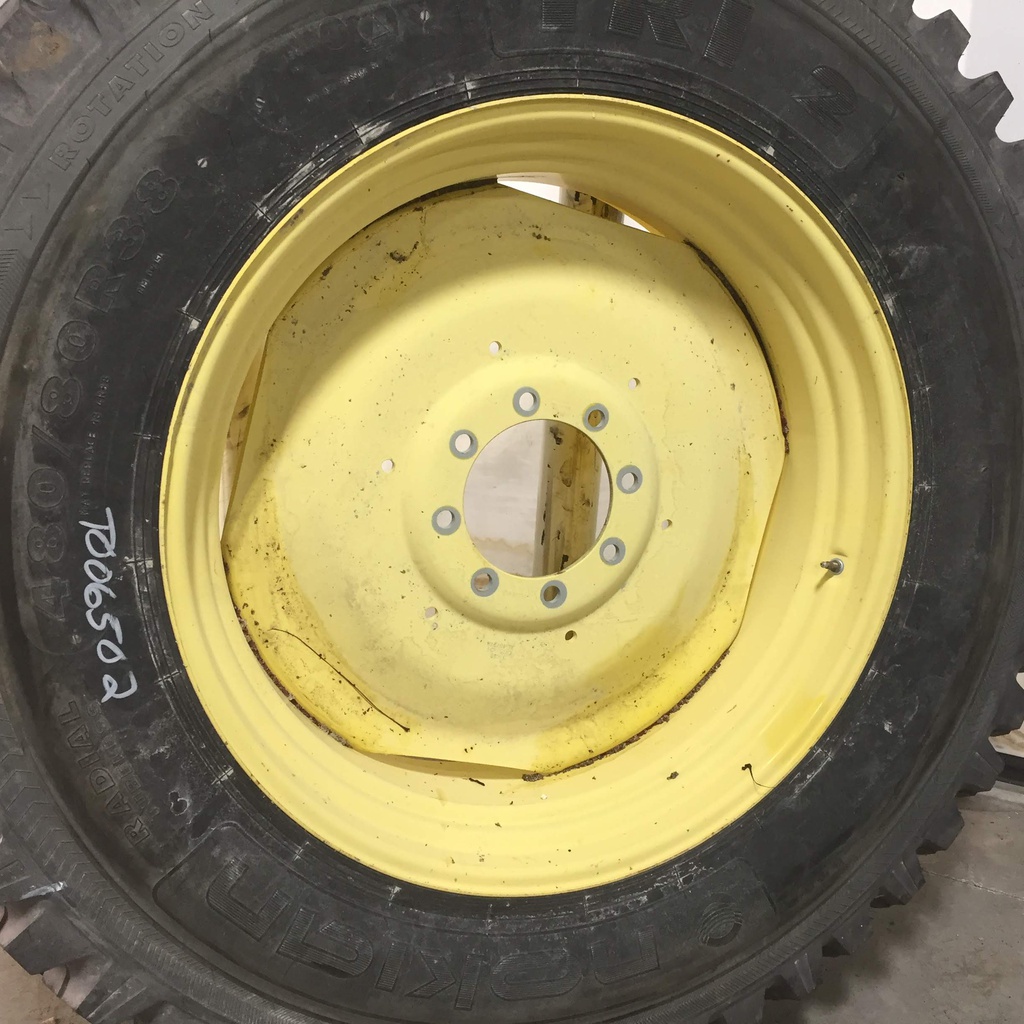 480/80R38 Nokian TRI 2 R-1 on John Deere Yellow 8-Hole Formed Plate W/Weight Holes 90%