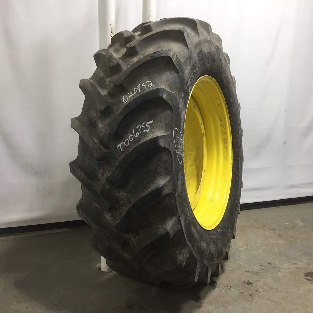 620/70R42 Firestone Radial All Traction DT R-1W on John Deere Yellow 12-Hole Stub Disc 75%