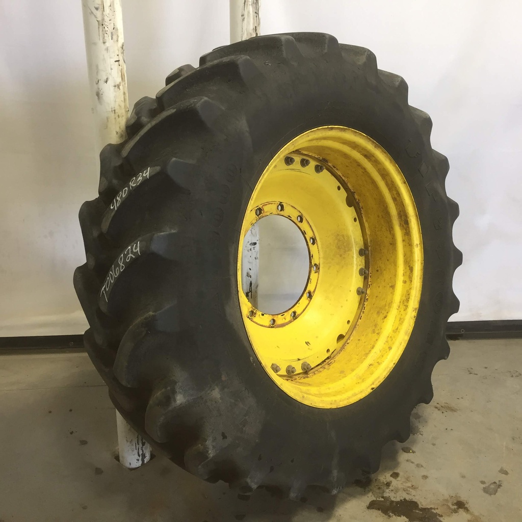 480/70R34 Firestone Radial 9000 R-1W on John Deere Yellow 12-Hole Waffle Wheel (Groups of 3 bolts) 75%