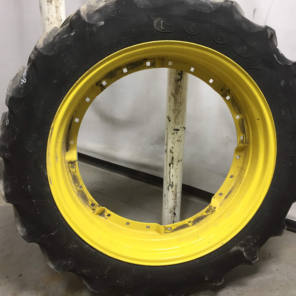 320/85R38 Goodyear Farm DT800 Super Traction R-1W on John Deere Yellow 12-Hole Waffle Wheel (Groups of 3 bolts) 50%