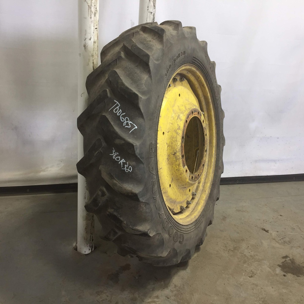 380/80R38 Goodyear Farm DT800 Super Traction R-1W on John Deere Yellow 12-Hole Waffle Wheel (Groups of 3 bolts) 40%