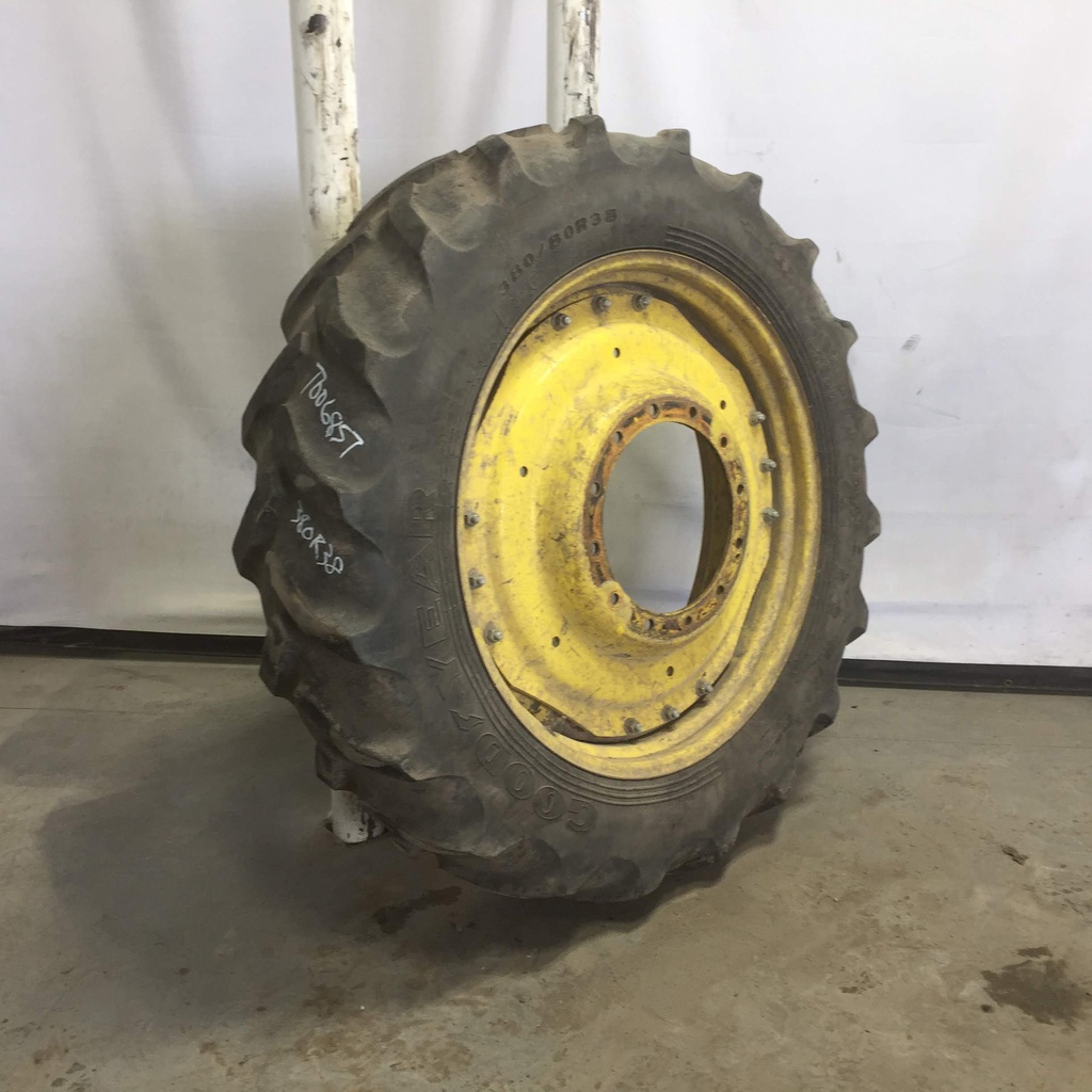 380/80R38 Goodyear Farm DT800 Super Traction R-1W on John Deere Yellow 12-Hole Waffle Wheel (Groups of 3 bolts) 40%