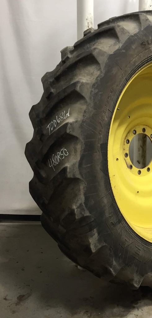 480/80R50 Goodyear Farm DT800 Super Traction R-1W on John Deere Yellow 10-Hole Formed Plate W/Weight Holes 45%