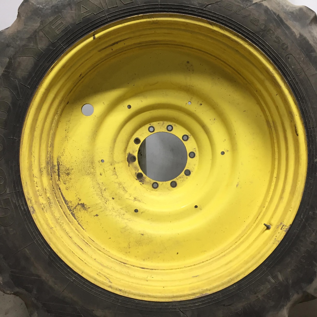 480/80R50 Goodyear Farm DT800 Super Traction R-1W on John Deere Yellow 10-Hole Formed Plate W/Weight Holes 30%