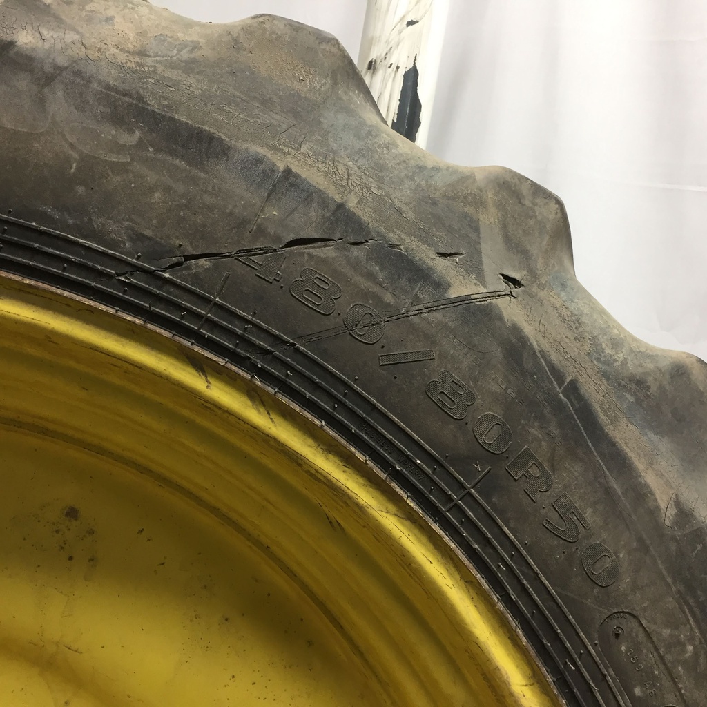 480/80R50 Goodyear Farm DT800 Super Traction R-1W on John Deere Yellow 10-Hole Formed Plate W/Weight Holes 30%