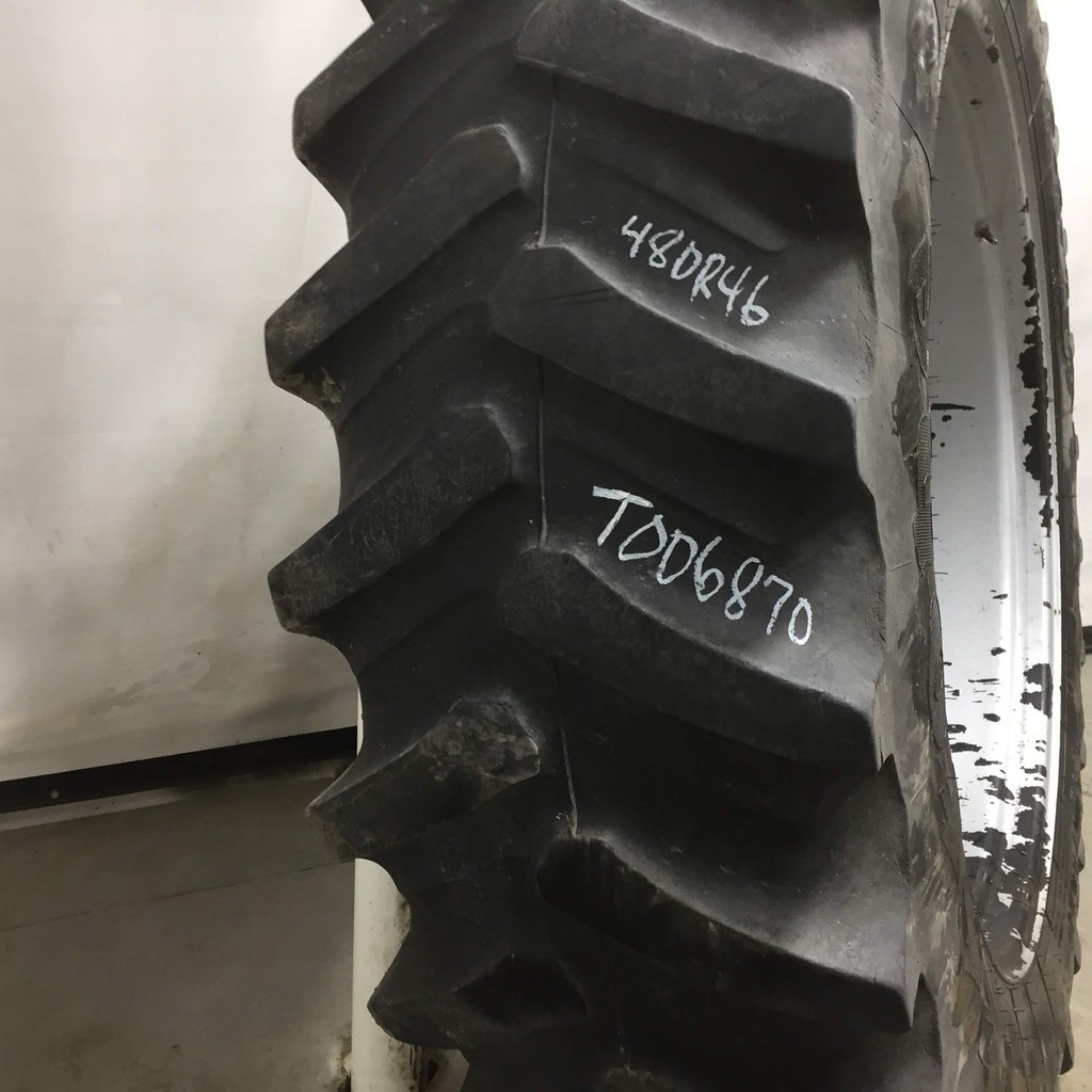 480/80R46 Firestone Radial Deep Tread 23 R-1W on Case IH Silver Mist 10-Hole Formed Plate W/Weight Holes 35%