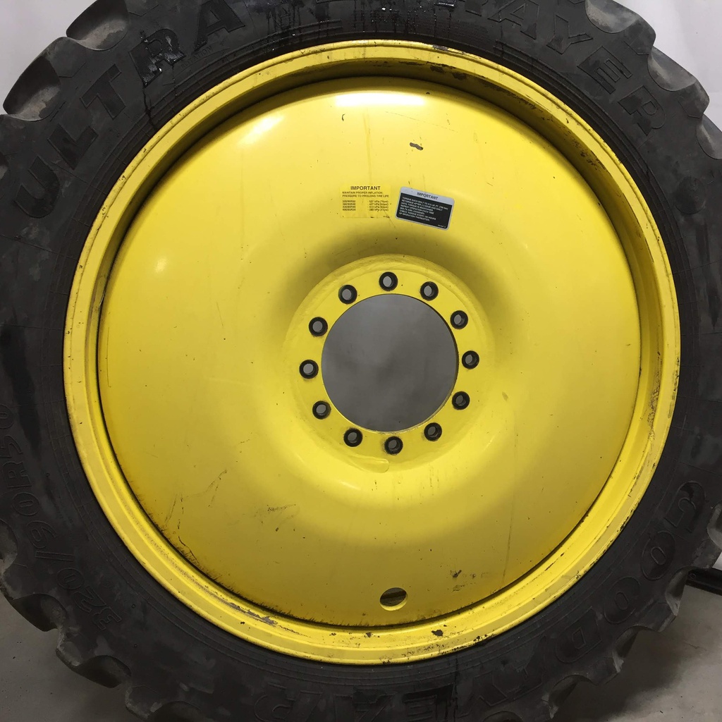 320/90R50 Goodyear Farm Ultra Sprayer R-1 on John Deere Yellow 12-Hole Bubble Disc 80%