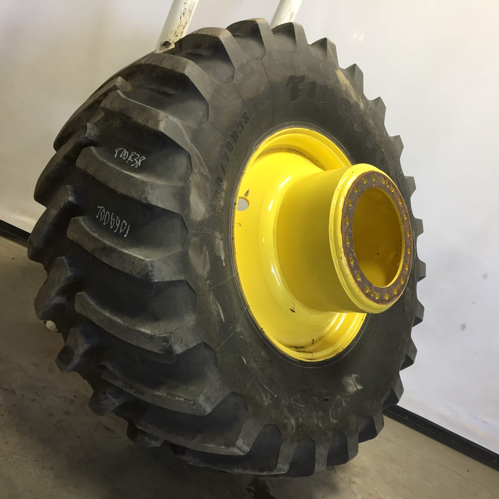 800/70R38 Firestone Radial Deep Tread 23 R-1W on John Deere Yellow 20-Hole Straddle Dual 85%