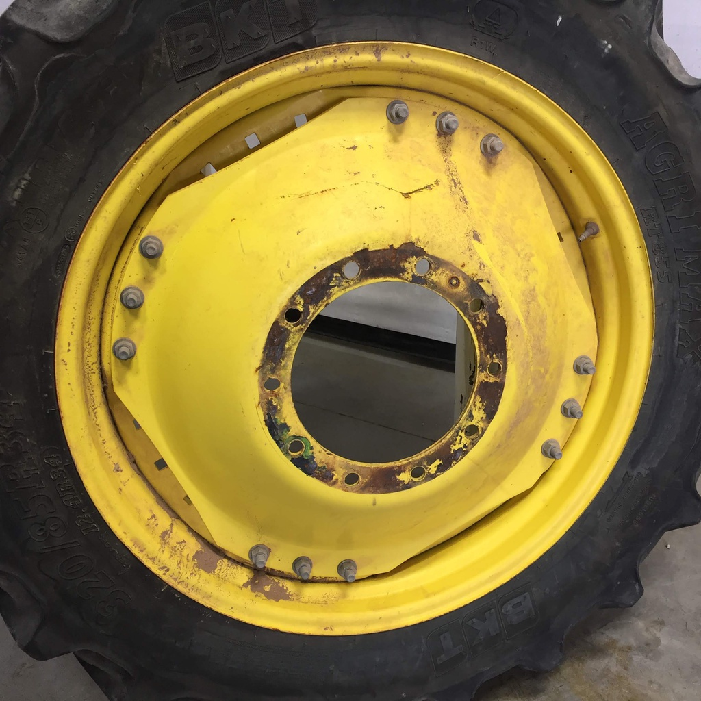 320/85R34 BKT Tires Agrimax RT 855 R-1W on John Deere Yellow 10-Hole Waffle Wheel (Groups of 3 bolts) 70%