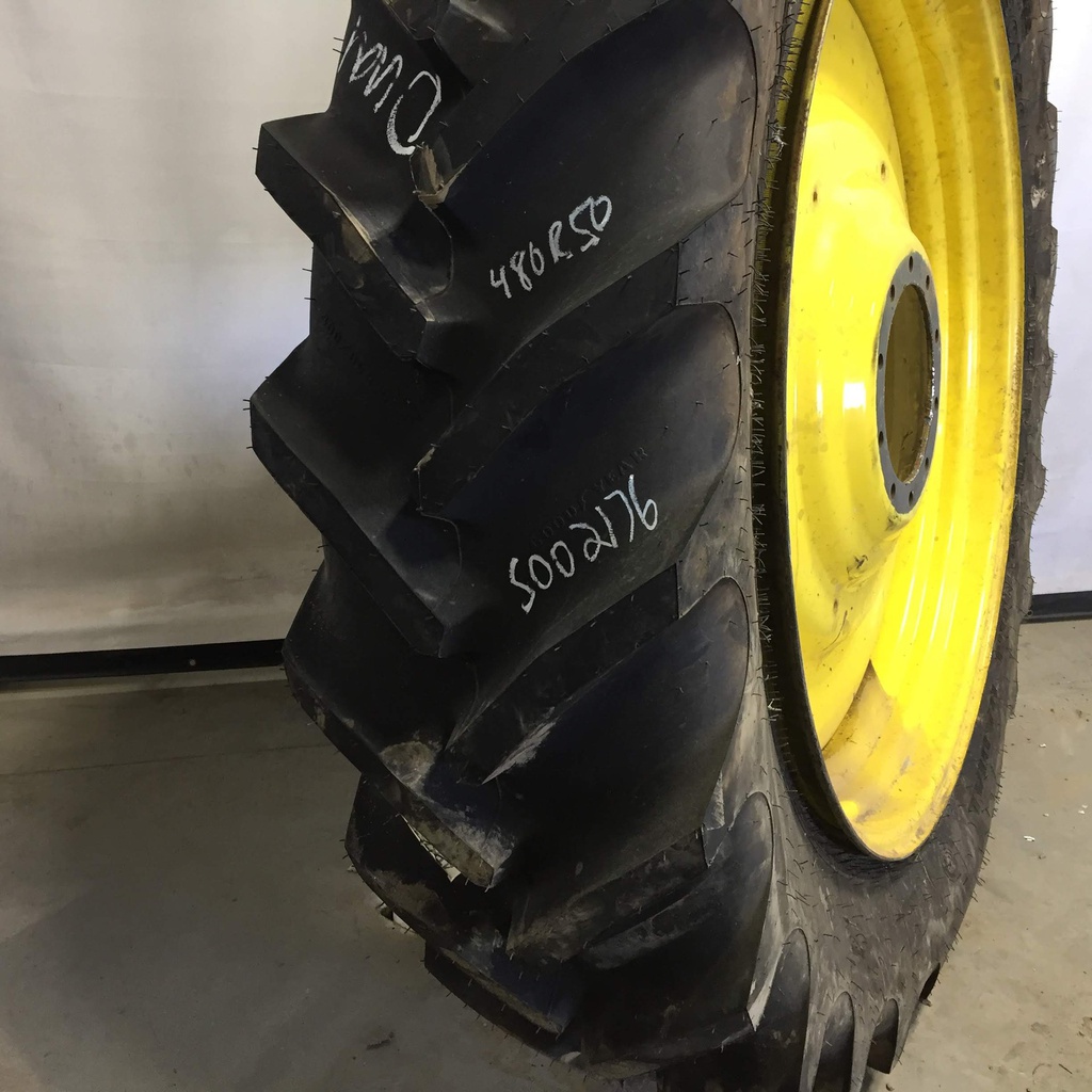 480/80R50 Goodyear Farm DT800 Super Traction R-1W on John Deere Yellow 10-Hole Formed Plate W/Weight Holes 99%