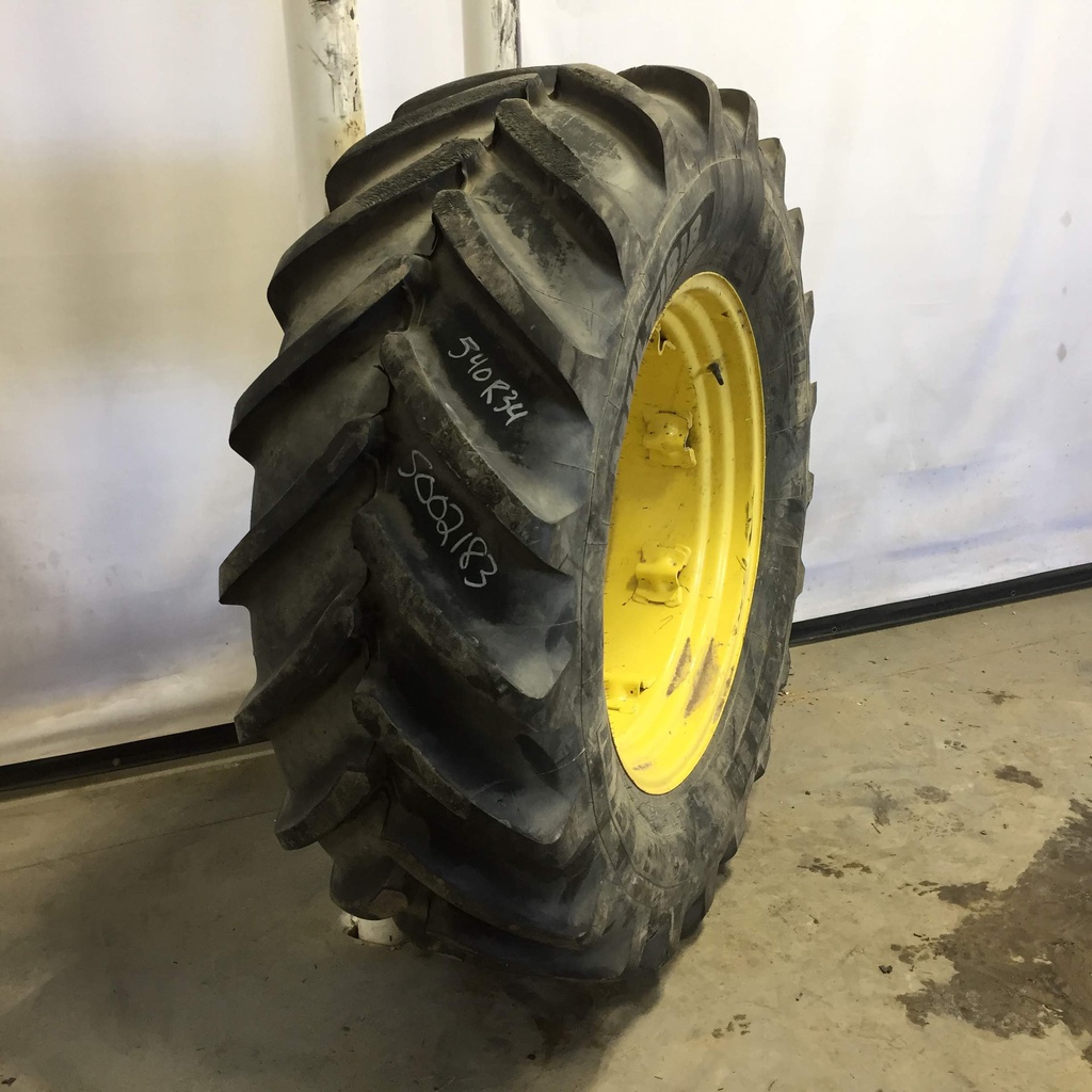 540/65R34 Michelin Multibib R-1W on John Deere Yellow 8-Hole Rim with Clamp/Loop Style 90%